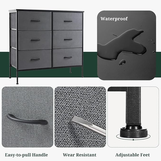 6-Drawer Dresser for Bedroom, Anti-Tip Wide Storage Organizer | Chest of Drawers with Wooden Top and Metal Frame Fabric Bins for Closet, Living Room, Hallway, Entryway, Gray