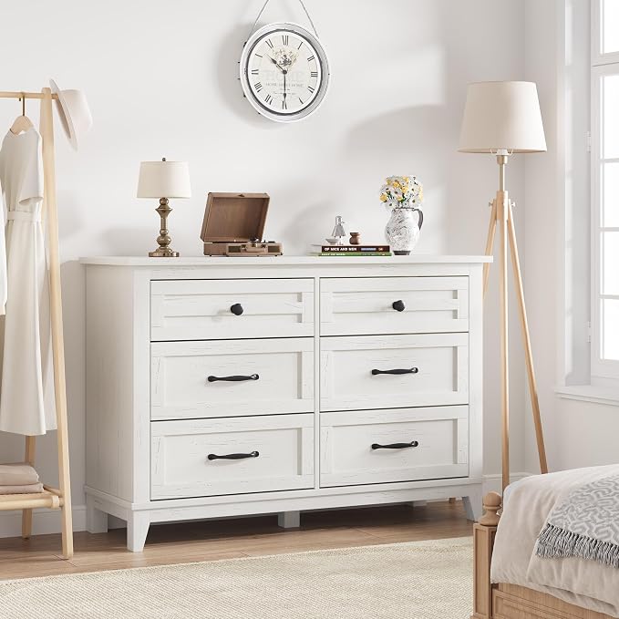 GarveeHome 6 Dresser for Bedroom, 47 in Wide Drawer Dresser with Storage Freestanding, Wooden Closet Storage Chest for Living Room, Bedroom, Entryway, Ash White