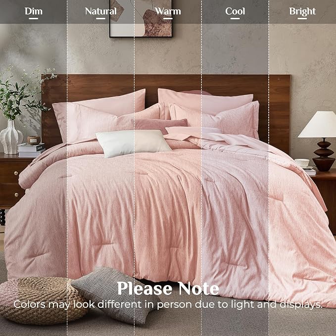 JOLLYVOGUE Rose Pink Queen Comforter Set, Cationic Dyeing Bed in a Bag Queen 7 Pieces, Double-Tone Bedding Set with Down Alternative Comforter, Sheets, Pillowcases & Shams