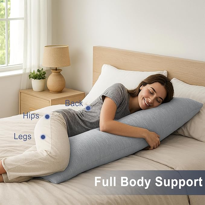 DWCN Cooling Body Pillow for Adults, 20x60 Inch Light Grey - Shredded Memory Foam Body Pillow with Removable & Adjustable Filling, Full Body Support for Side Sleepers, Pregnancy & Pain Relief