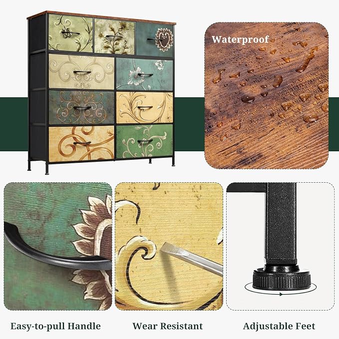 9-Drawer Dresser for Bedroom, Anti-Tip Tall Storage Organizer | Chest of Drawers with Wooden Top and Metal Frame Fabric Bins for Closet, Living Room, Hallway, Entryway, Floral Painted