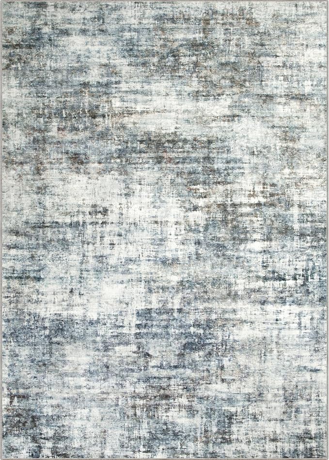 8x10 Area Rugs for Living Room: Washable Abstract Blue Multi Badroom Carpet | Non-slip TPE backing makes this washable soft low-pile rug safe & durable, Pet-friendly decor for dining room,nursery,office