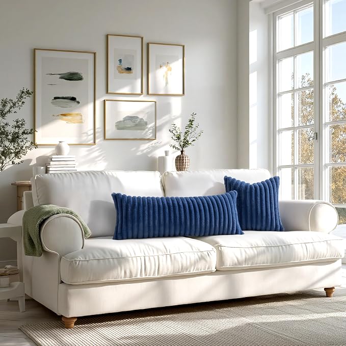 MIULEE Faux Fur Decorative Throw Pillow Covers 18x18 Set of 2 Navy Blue | Coastal Modern Soft Plush Couch Pillows, Cozy Fluffy Cushion Covers for Sofa Bed Living Room Home Decor