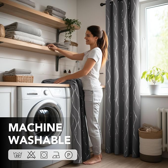 Deconovo 4 Panels Blackout Curtains, Grey Curtain, Thermal Insulated Soundproof Curtain Drapes, Wave Dot Foil Print, 52 x 84 Inch, Machine‑Washable Privacy Window Drape for Bedroom Living Room Office