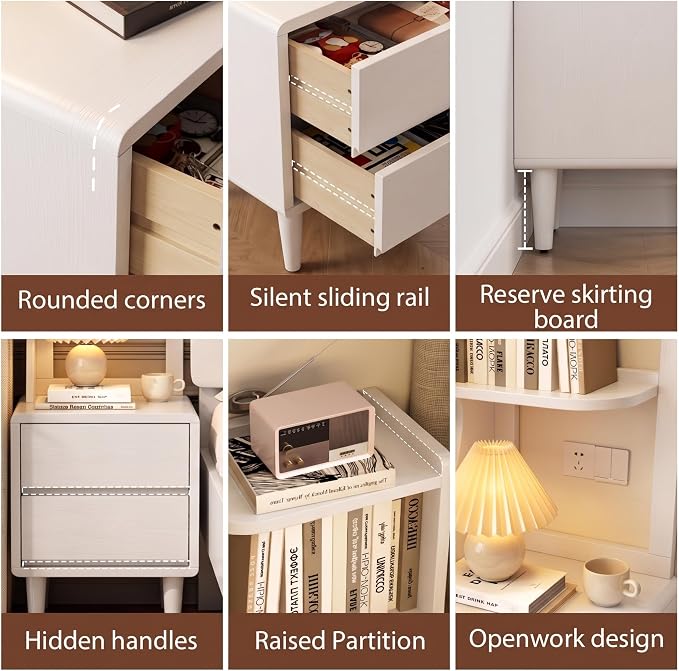 Solid Wood Bookshelf Nightstand Combo, Tall Nightstand with Bookshelf | White Nightstand Bookshelf,Solid Wood Nightstand with Drawers,Open Shelf Bookcase,for Bedroom,Living Room,Offices