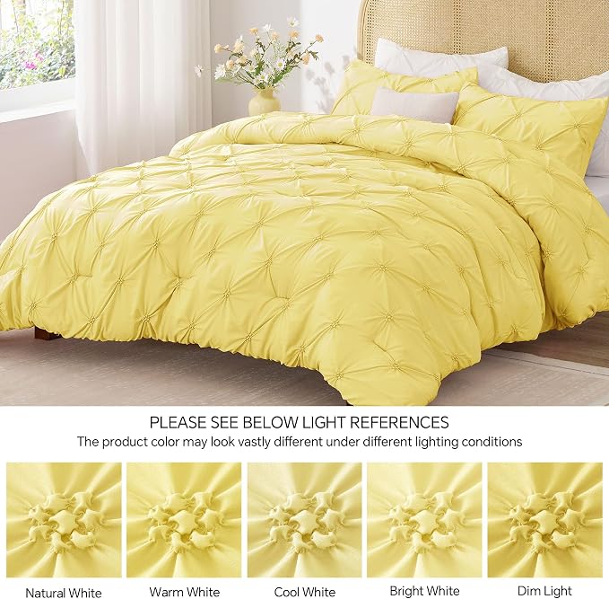 BEDELITE King Comforter Set Light Yellow,Lightweight & Soft Comforter | Pintuck Boho Bedding, Warm & Cute Bed Set for All Season,With 2 Pillowcases