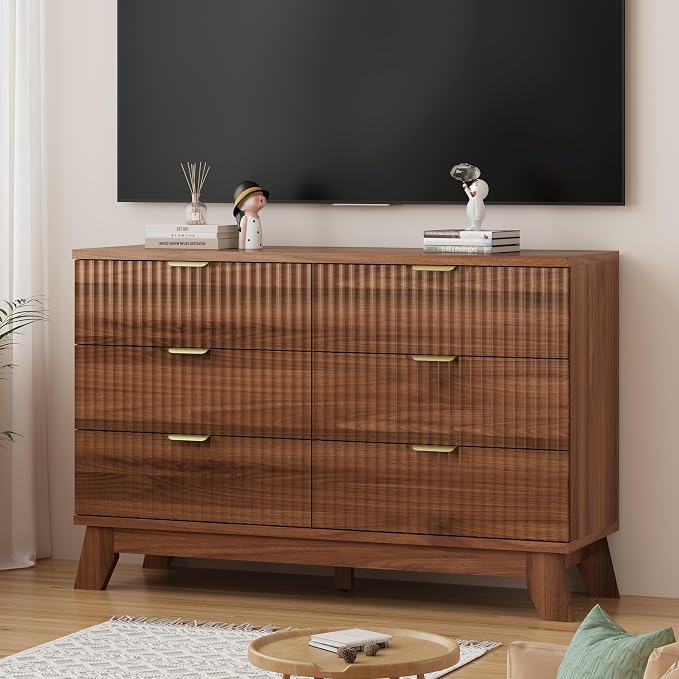 Xixini Fluted Dresser for Bedroom with 6 Drawers, 48" Wide Modern Chest of Drawers with Metal Handle, Wooden Dresser TV Stand, Wood Closet Clothes Storage Organizer for Living Room, Hallway, Walnut