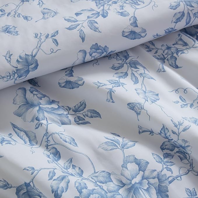 Madison Park Essentials Blue Floral Comforter Set with Sheets King,7pc | Vintage, Ruffle Bed in a Bag, Reversible, Elegant Bedding Set, All Season, Machine Washable, Wrinkle Resistant, Ultra Soft