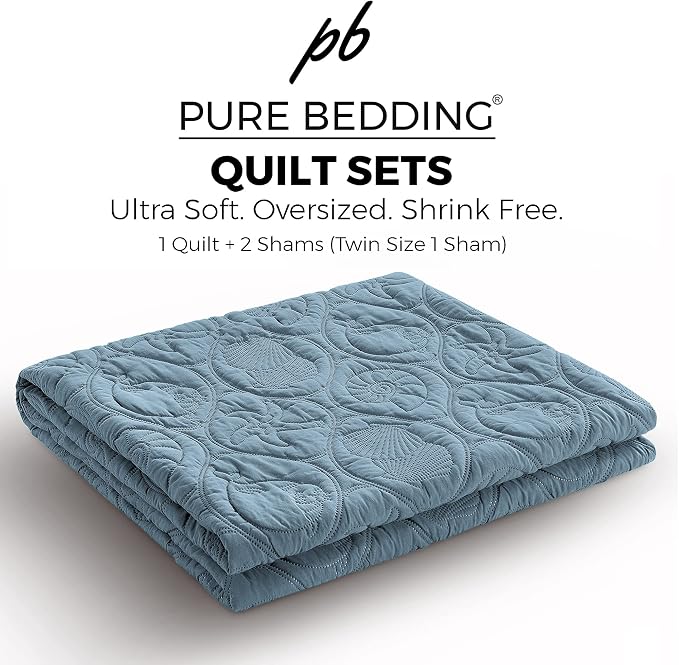 Pure Bedding Quilt Set Full/Queen Size Ash Blue - Oversized Bedspread - Soft Microfiber Coverlet for All Season - Includes 1 Quilt and 2 Shams, Ocean Star Pattern