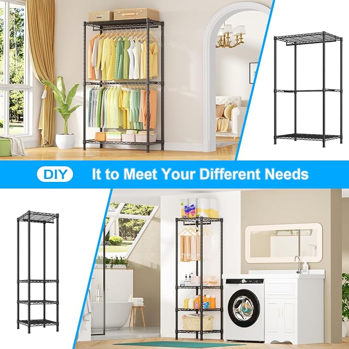 E10 Clothes Rack(With Stretchable Hanger Rod)Freestanding Clothing Racks for Hanging Clothes,Adjustable Closet Organizer System,Portable Garment Rack 73-97"W x 15" D x 72" H,Max Load 800LBS,Black