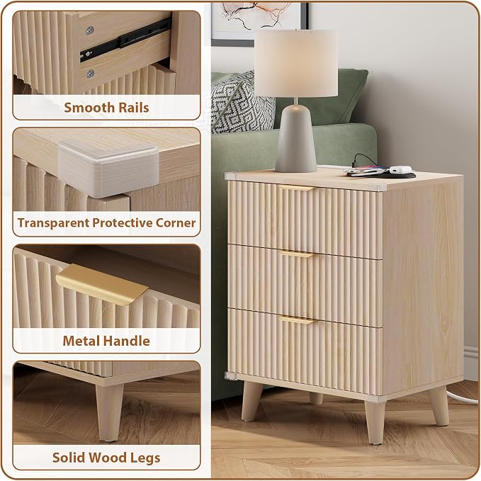 Wood Nightstands Set of 2 w/Charging Station, 3 Drawers Fluted Dresser | Natural, Large Drawers, Metal Silent Rails, FSC Wooden, Sturdy Legs, Modern Fluted Panel, Living Room, Bedside Table