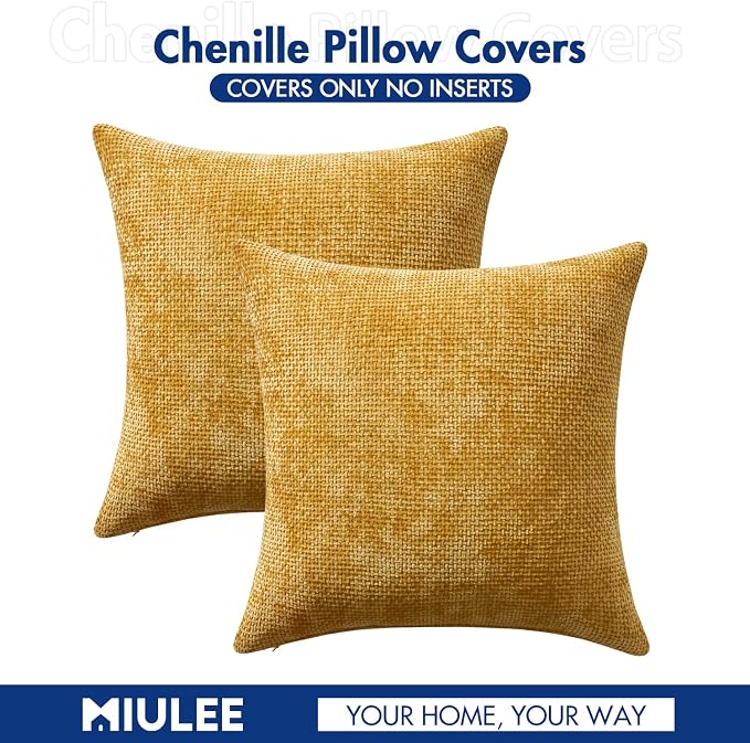 MIULEE Decorative Couch Throw Pillow Covers 20x20 in Mustard Yellow 2 Pack | Modern Boho Accent, Soft Chenille Pillow Covers, Farmhouse Cushion Cases for Home Decor Bed Sofa Living Room