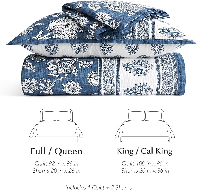 EverGrace 100% Cotton Floral Quilt Set, Queen Size, Indigo Blue 92"×96" | Reversible Lightweight Bedspread Coverlet, Vintage Floral Farmhouse Bedding,Traditional Block Print Quilt with 2 Pillow Shams
