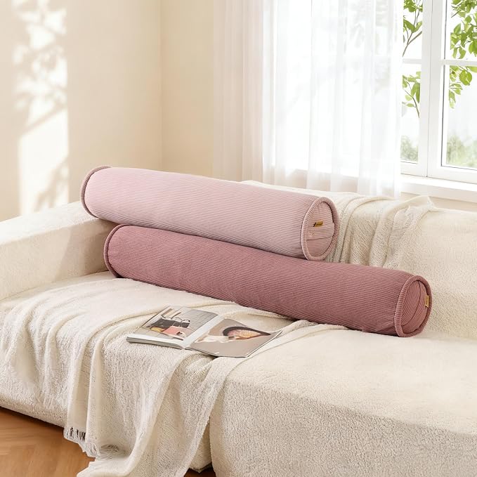 Long Round Body Pillow for Adults – Corduroy Cervical Roll Bolster Pillow, Firm Support for Spine Alignment & Side Sleeping,59 x 7.87 Inches,Brick Brown