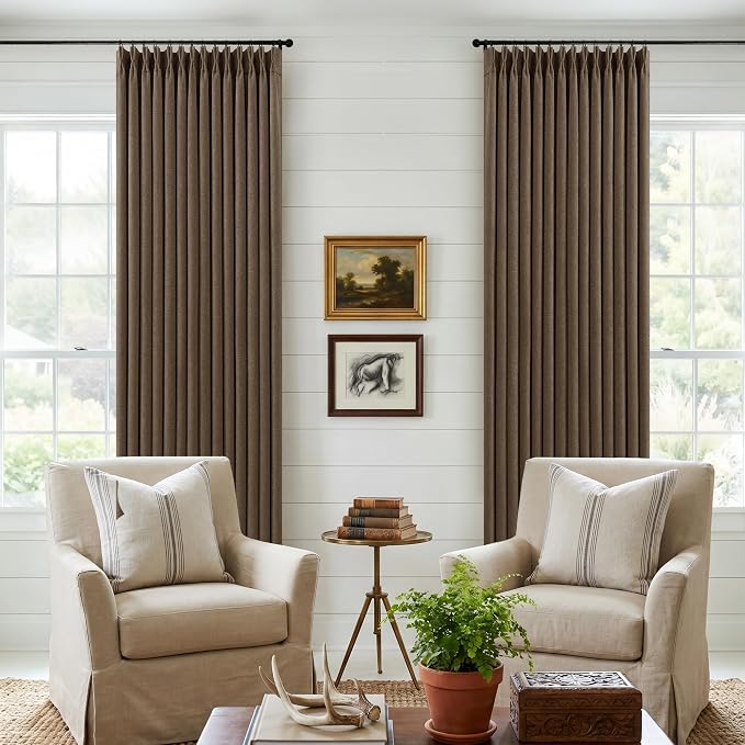 120 Inch Pinch Pleat Brown 100% Blackout Thick Linen Curtains with Liner | Double Layer Pleated Curtain, Room Darkening Black Out, Rustic Cottagecore Farmhouse, Dutch Cocoa, for Living Room Bedroom