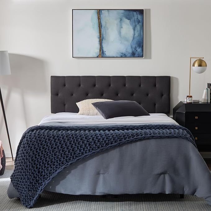 Lucid Mid-Rise Upholstered Headboard - Diamond Tufted - Padded Polyester - Adjustable Height from 34” to 46” - Easy Assembly - Bed Frame or Wall Mount - Sturdy - Charcoal - Twin / Twin XL Size
