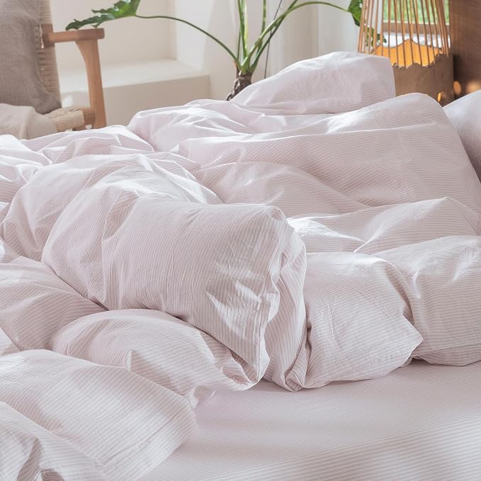 MooMee Striped Duvet Cover Set 100% Washed Cotton Linen Like Cal King | Relaxed Linen-like Texture. Soft, Breathable & Long-lasting Comfort. Lightweight. Hidden Zipper with 8 Interior Corner Ties