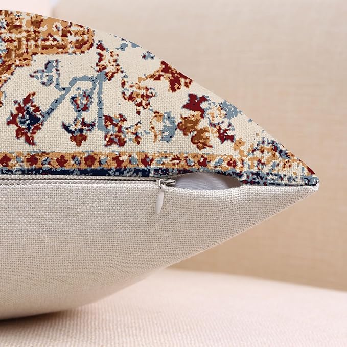Outdoor Waterproof Pillow Set of 2 - 18X18 Inch Bohemian Vintage Carpet Pattern Pillow Covers in Brown and Blue Ethnic Design for Decorative Farmhouse Couch, Garden, Balcony