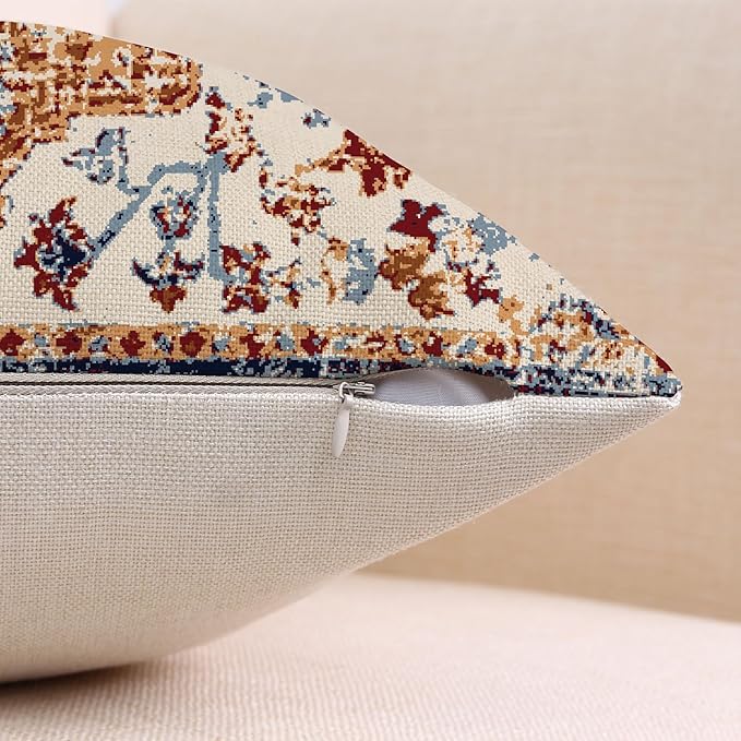 Waterproof Throw Pillow Covers 16X16 Inch Set of 2 Bohemian Vintage Carpet Pattern Brown Blue Ethnic Design Decorative Farmhouse for Couch Garden Balcony (Boho-3-1)