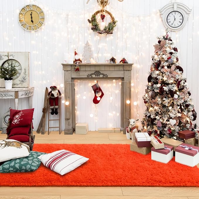 Fluffy Rug Shaggy Area Rug, Orange Red 2x4 Small Rugs for Fireplace Holiday Dearations, Mini Fuzzy Plush Kids Bedside Rug, Soft Non-Slip Entryway Throw Rugs Shag Catpet for Living Room