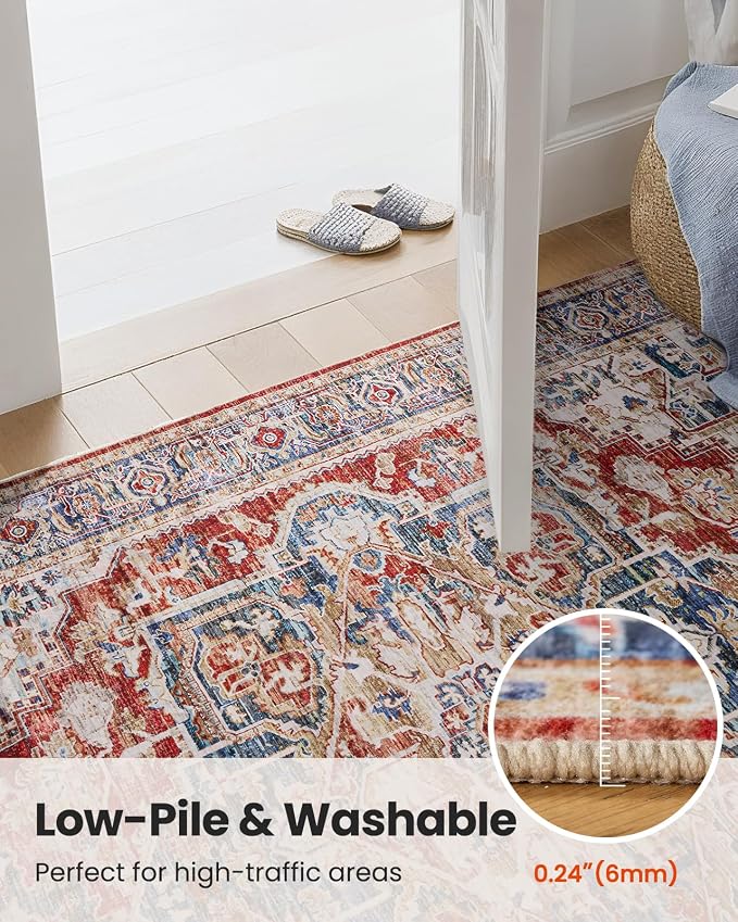AMADA HOMEFURNISHING 8x10 Washable Area Rug, Low-Profile Large Area Rug with Non-Slip Backing & Durable Edge Binding, Vintage Large Rugs for Living Room, Bedroom, Dinning Room
