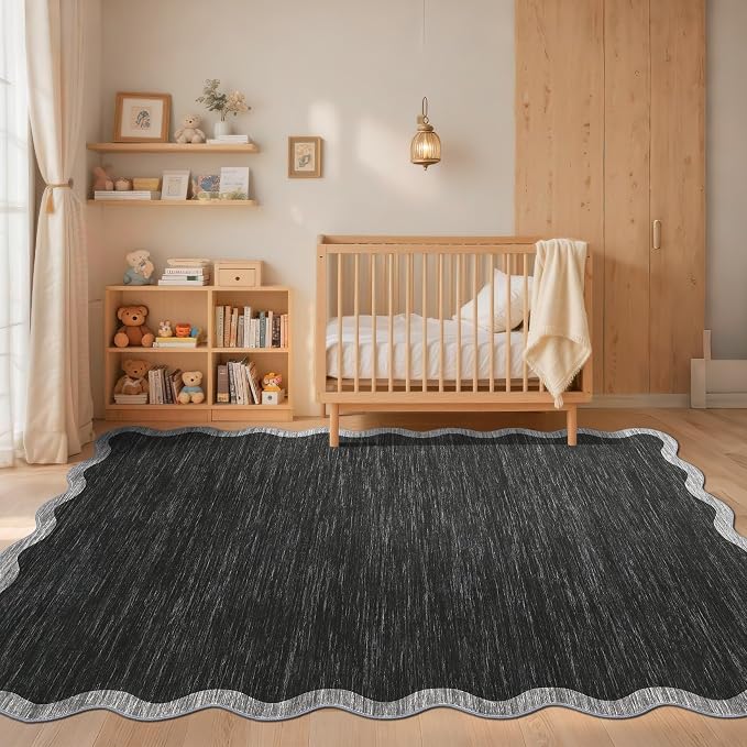 GarveeHome Scalloped Washable Area Rug 8x10 Rug for Living Room Non Slip | Modern Throw Rugs Large Rugs for Bedroom Low Pile Non Shedding Stain Resistant Carpet for Dining Room 8 ft x10 ft Black