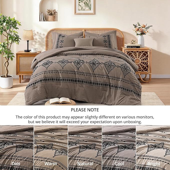 MaiRêve Queen Comforter Set Embroidery Floral 7 Pieces Bed in a Bag | Taupe Grey Boho Farmhouse Bedding Sets with Comforter, Sheets, Pillowcases & Shams