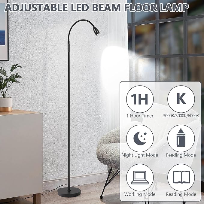 Reading Floor Lamp, 72" LED Dimmable Lamp with Gooseneck,Zoomable Spotlight | Adjustable Color Beam Standing Lamp, Touch & Remote Control, for Task Craft, Sewing, Bedroom Living Room, Office, Matte Black