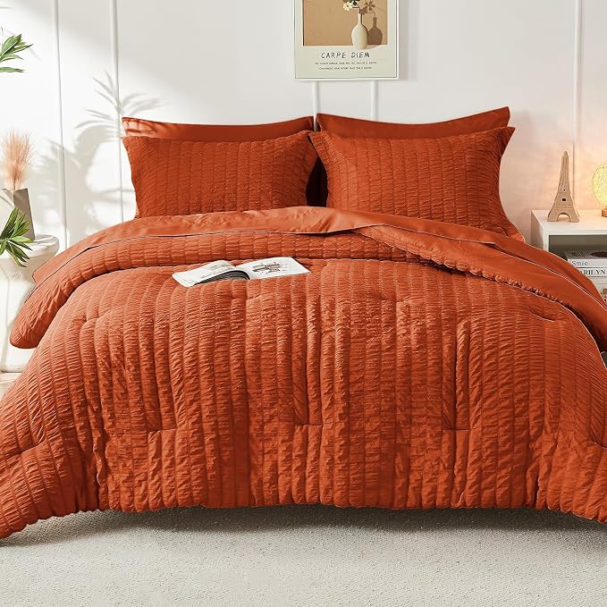 HYMOKEGE Burnt Orange King Size Comforter Set Seersucker 7 Pieces, All Season Luxury Bed in a Bag for Bedroom, Bedding Set with Comforters, Sheets, Pillowcases & Shams