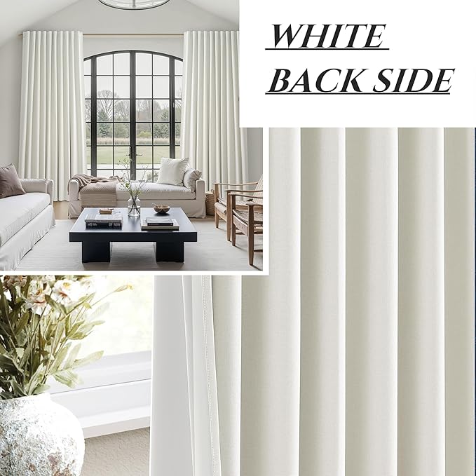 Cute Blackout Curtains 70 Inches Extra Wide Linen 90 Inch Length for Living Room/Sliding Glass Door,Pleated Heavy Duty Thermal Drapes for Winter Thick Large Window(70"Wx90"L 2 Panels Beige White)