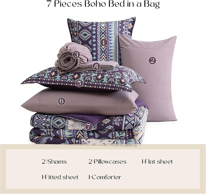 Queen Comforter Set - 7 Pieces Boho Bedding Set Aztec Bed in A Bag | Southwestern Bedding, All Season Tribal Bed Set with Comforter, Sheets, Pillowcases & Shams, Dark Purple