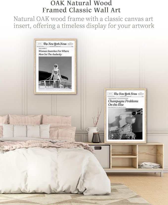 iHery 12x16in Champagne Problems on the Rise Framed Newspaper Art | Natural OAK Wood Frame with Canvas Print, Vintage Champagne Decor for Bar Cart, Kitchen, Living Room and Bathroom, 1Pack