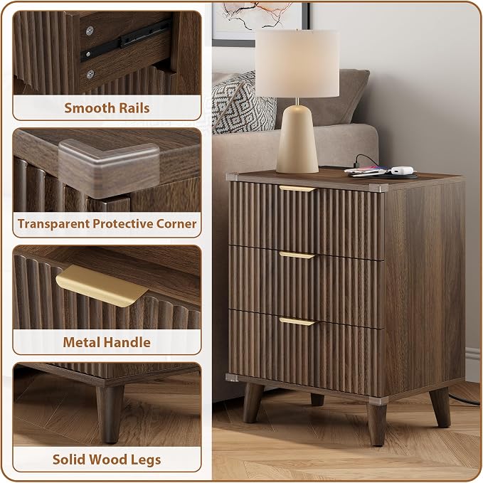 Wood Nightstands Set of 2 w/Charging Station, 3 Drawers Fluted Dresser | Walnut, Large Drawers, Metal Silent Rails, FSC Wooden, Sturdy Legs, Modern Fluted Panel, Living Room, Bedside Table