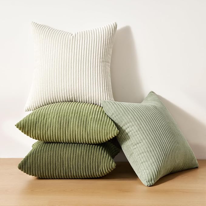 Topfinel Green White Spring Pillow Covers 22x22 Inch Set of 4 Boho Nordic Cushion Covers Soft Corduroy Home Decor for Couch Bed Sofa Living Room