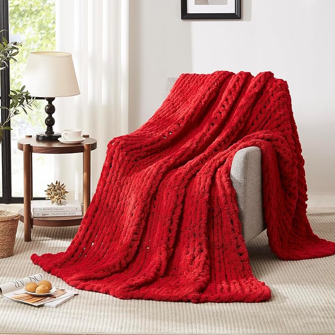 L'AGRATY Chunky Knit Throw Blanket for Couch, 60'' x 80'' Knit Throw, Red | Handmade Chenille Crochet Blanket for Sofa Bed, Thick Cable Knitted Blankets for Room Home Decor, Birthday Gift for Women Mom