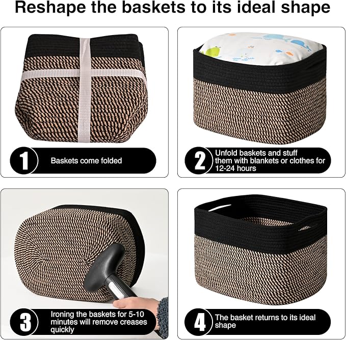 ICERZCZ Storage Baskets for Shelves Organizing, Woven Cotton Rope Baskets for Storage, Book Basket, Decorative Shelf Basket, 12.5"Lx9.1''Wx7.9''H (4 Packs) Black & Jute