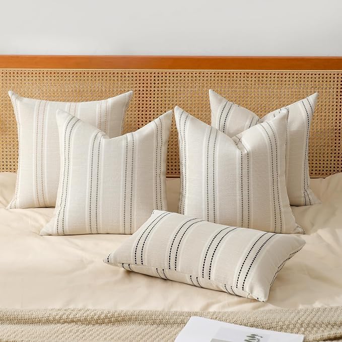 Hckot Black Striped Throw Pillow Covers 16x16 Set of 2 Accent Pillow Cover | Textured Linen Decorative Pillowcase Square Cushion Covers for Couch Sofa Bed Living Room Boho Farmhouse Home Decor