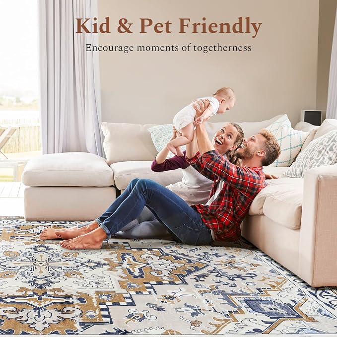 Rugflix 9x12 Area Rugs for Living Room, Washable Light Brown Large Rug | Machine Washable; Stain-Resistant; Low Pile; Non-Slip; Boho Vintage Printed; Carpet for Bedroom Dining Office Nursery Home