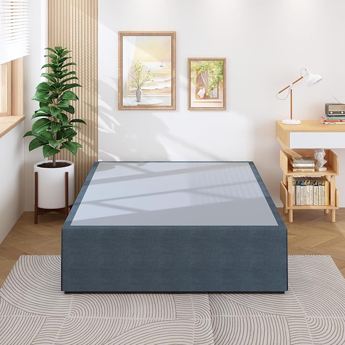Lutown-Teen 18 Inch Queen Bed Frame with Cover Skirt, Steel Slat Support | Heavy Duty Metal Platform Bed Frame Queen Size No Box Spring Needed, Easy Assembly, Black and Blue