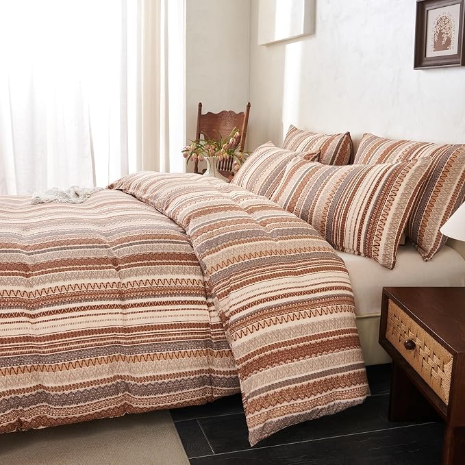 Striped Queen Comforter Set Boho Soft 3 Pieces Chic Vintage Boho Print Bohemian Comforter for All Seasons Luxury Warmth Comfy Breathable with 2 Pillowcases