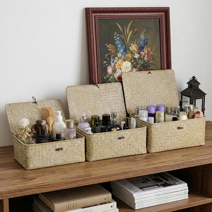 Nonam Small Wicker Basket with Lid,Seagrass Shelf Basket Set of 3,Nautral | Storage Basket Container for Organizing, Boho Decorative Basket, Rectangular Household Storage Boxes for Home Organization