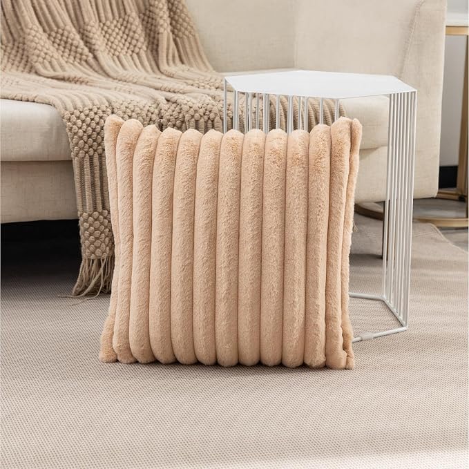 ZLINA Apricot Striped Faux Fur Throw Pillow Covers 22 x 22 Inch | 2‑Pack, boho striped pillow covers,velvet back,fuzzy plush cushion covers , for sofa bed livingroom home decor