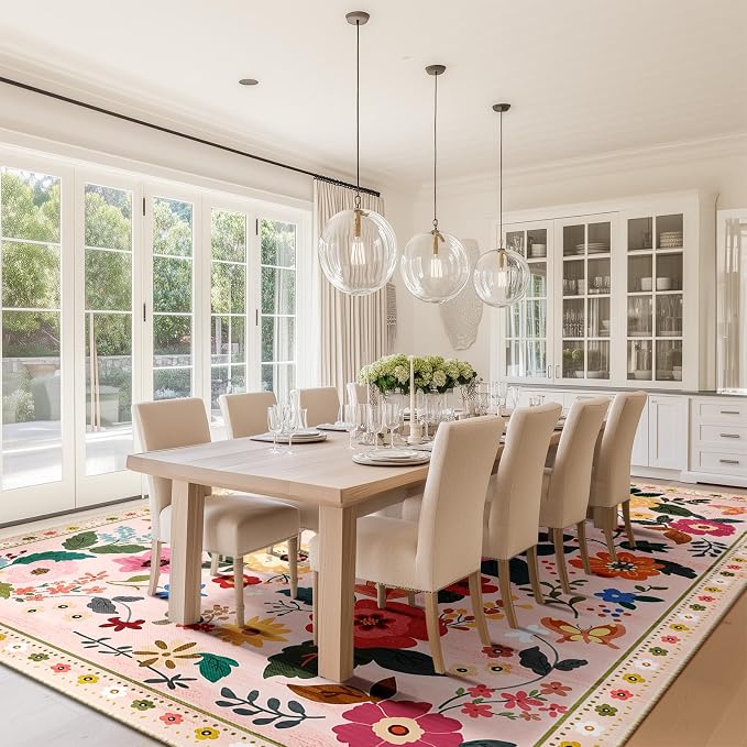 RELEANY Floral Washable 9x12 Area Rugs Pink | Flower Carpet, Print, Boho, Non-Slip, Easy to Clean, Soft, Low Pile for Living Room Bedroom Kitchen Office Entryway Hallway