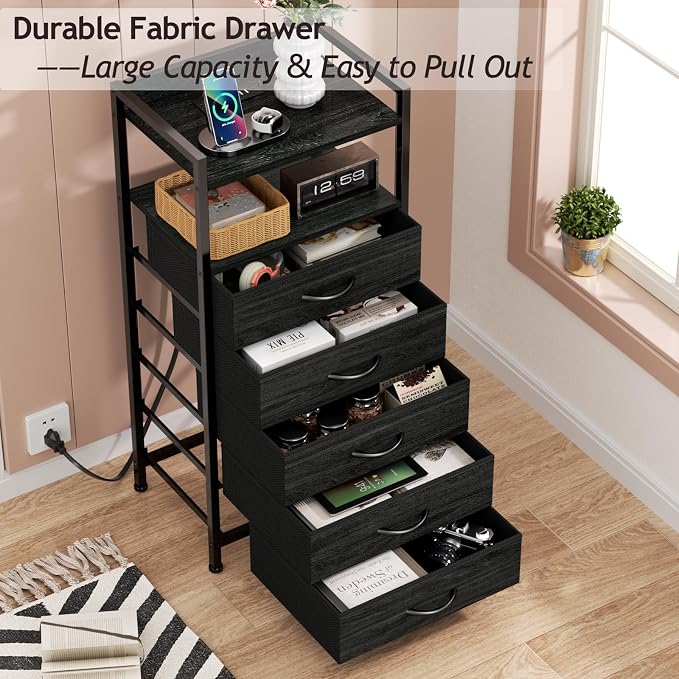 Furnulem Nightstand with Charging Station,LED,5 Drawers Dresser for Bedroom | Tall Bedside Table,Dorm Night stand with LED Light & Remote Control, Metal Frame and Fabric Bins,Wood Desk Top,Easy Assemble