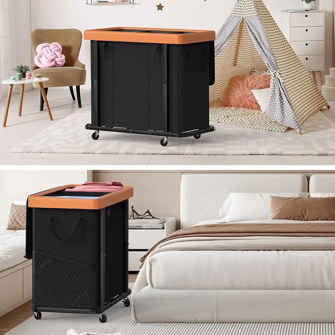 Laundry Basket with Wheels, 230L Leather Patchwork Laundry Sorter 3 Section | Sturdy Metal Frame, Removable Washable Bag, Tall Clothes Sorter for Bedroom - Black