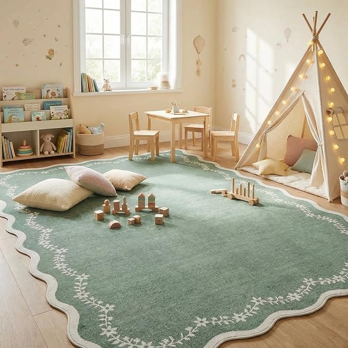 GarveeHome 5x7 Scalloped Area Rug Sage Green Washable Living Room Rug | Soft Floral Low Pile Non Slip Accent Floor Mat Solid Print Throw Rug Indoor Carpet for Bedroom Dining Room Dorm Playroom