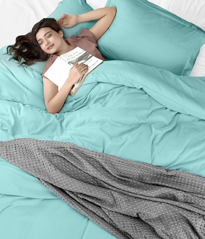 Duvet Cover Queen, 3 PC Cotton Like Polyester With Zipper Closure, Spa Blue | Extra Soft and Breathable, Wrinkle & Fade Resistant, Includes Duvet Cover and 2 Pillow Shams, Comforter Not Included, OekoTex