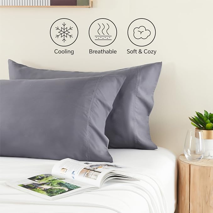BEDELITE Pillow Cases Standard Size Set of 2, Rayon Made from Bamboo, Grey | Cooling and Breathable Pillow Cover for Hot Sleepers & Night Sweats, Silky Soft Cozy, Envelope Closure, 20"x26"