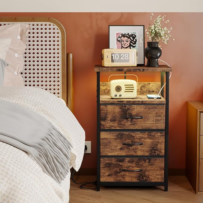 Fixwal Night Stand with 3 Fabric Drawers, Nightstand with Charging Station | rustic brown, led lights, built-in bedside charger, 2 AC outlets & 2 usb ports, 2 wooden shelves, bedroom furniture