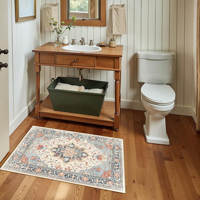 RELEANY Washable Area Rug, Small 2'x4', Beige/Blue/Orange | Non-Slip, Water Repellent, Pet Friendly, Easy to Clean, Vintage Floral Boho Decor for Kitchen Entryway Bathroom